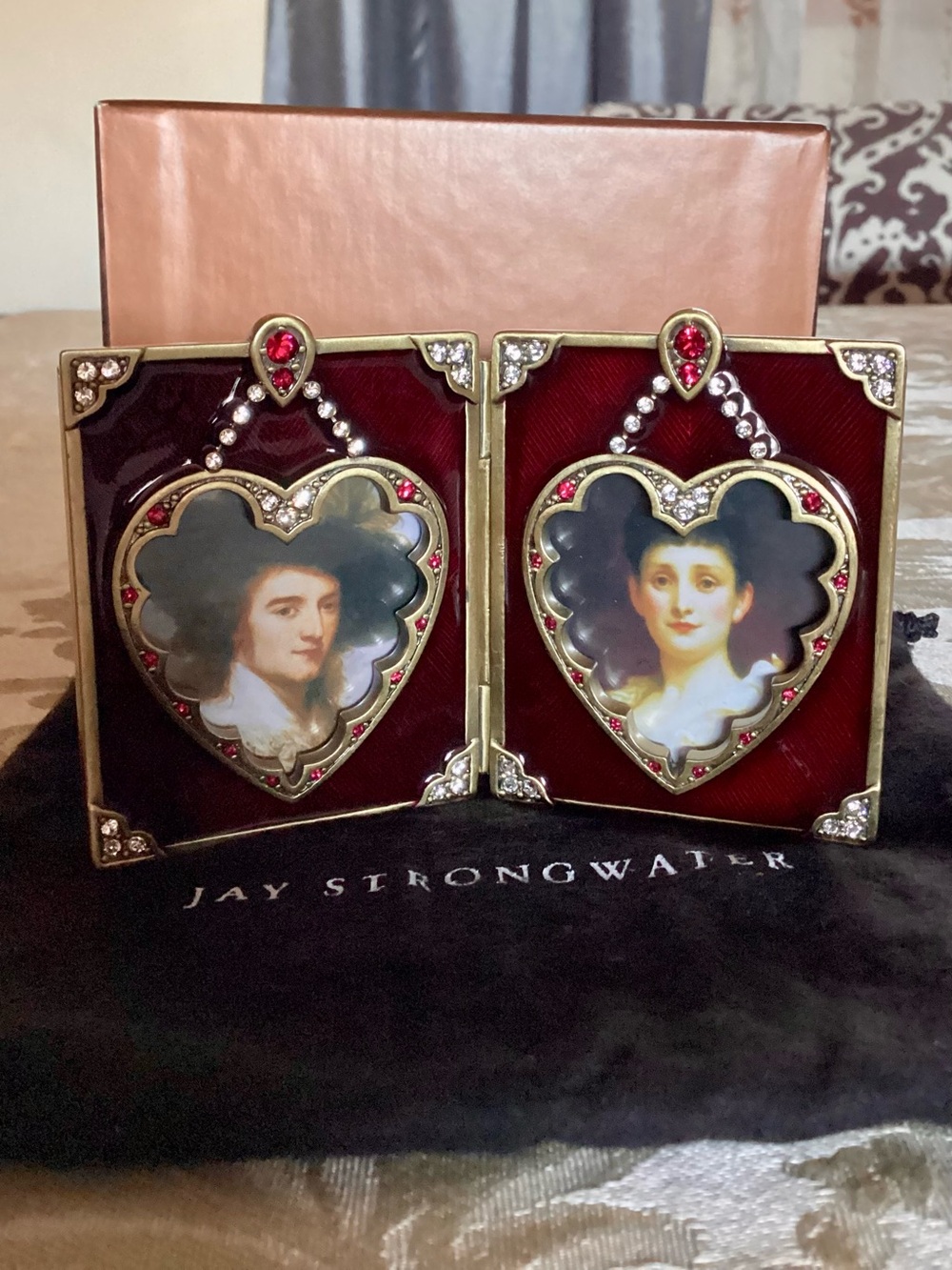 Rare Collectible Jay Strongwater Jeweled Enamel Folding Double Heart Frame - NWT